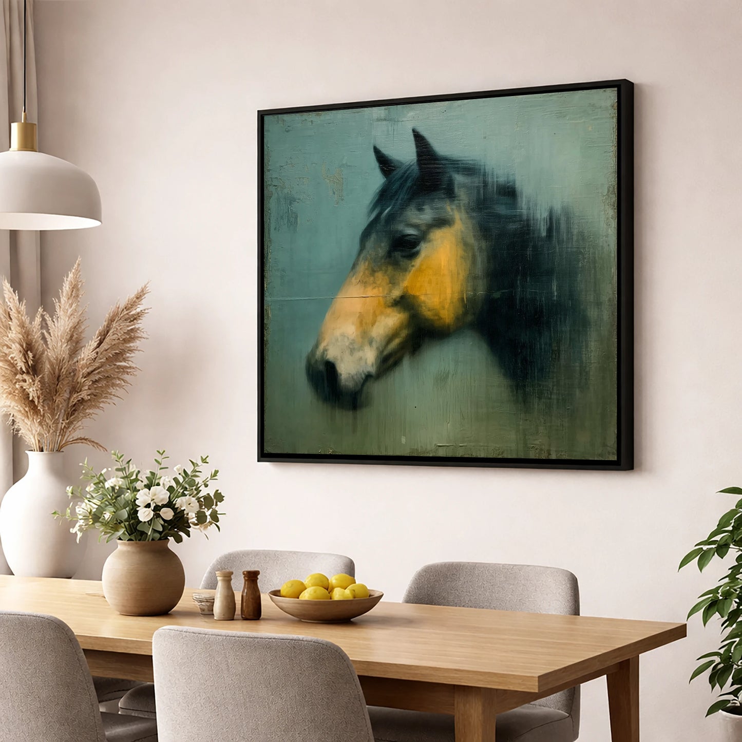 Teal and Ochre Profile horse portrait wall art displayed in a dining room