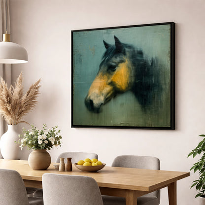 Teal and Ochre Profile horse portrait wall art displayed in a dining room