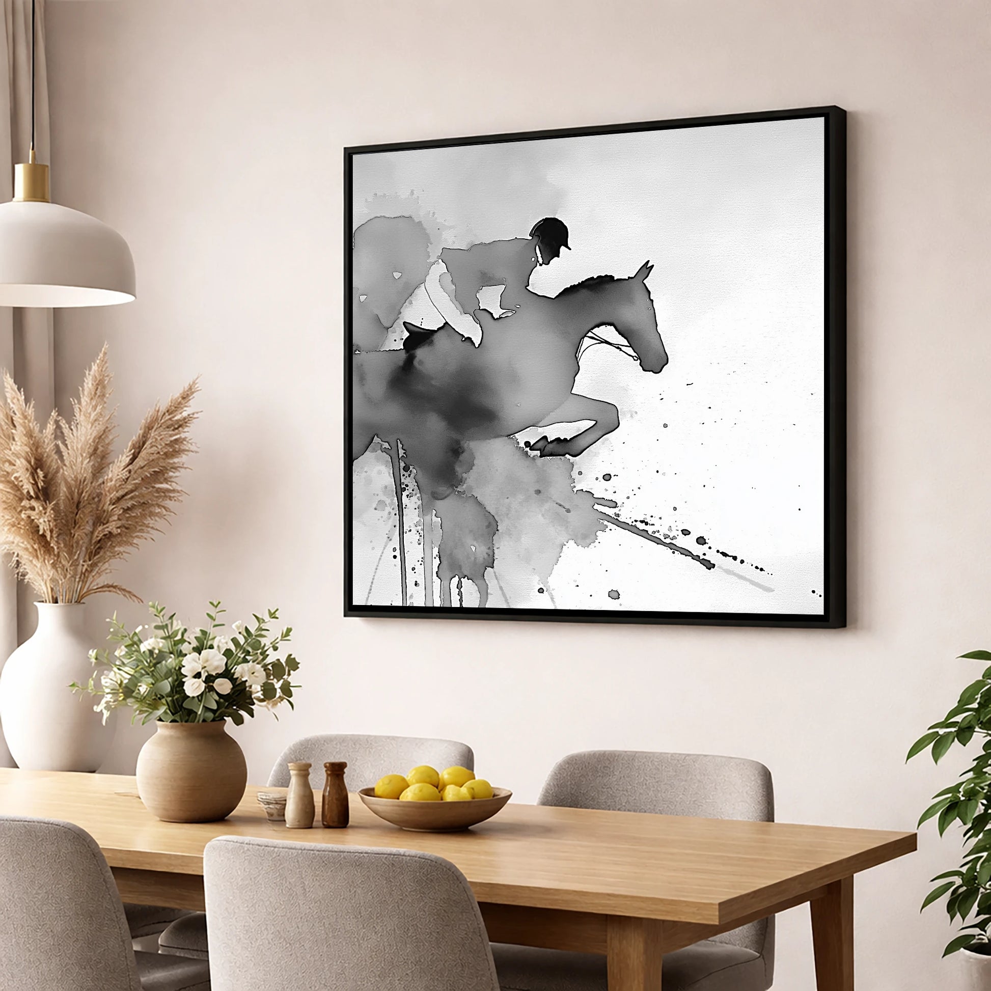 Ethereal Flight show jumping horse wall art displayed in a dining room