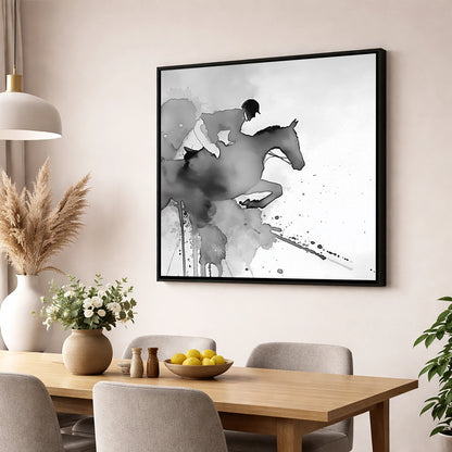 Ethereal Flight show jumping horse wall art displayed in a dining room