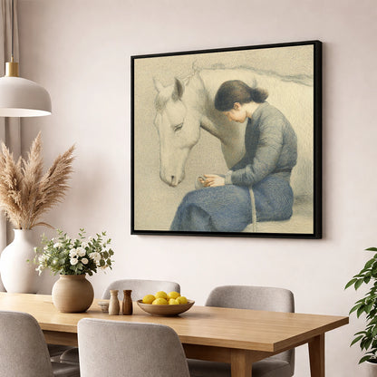 Solace in Stillness horse & rider wall art displayed in a dining room