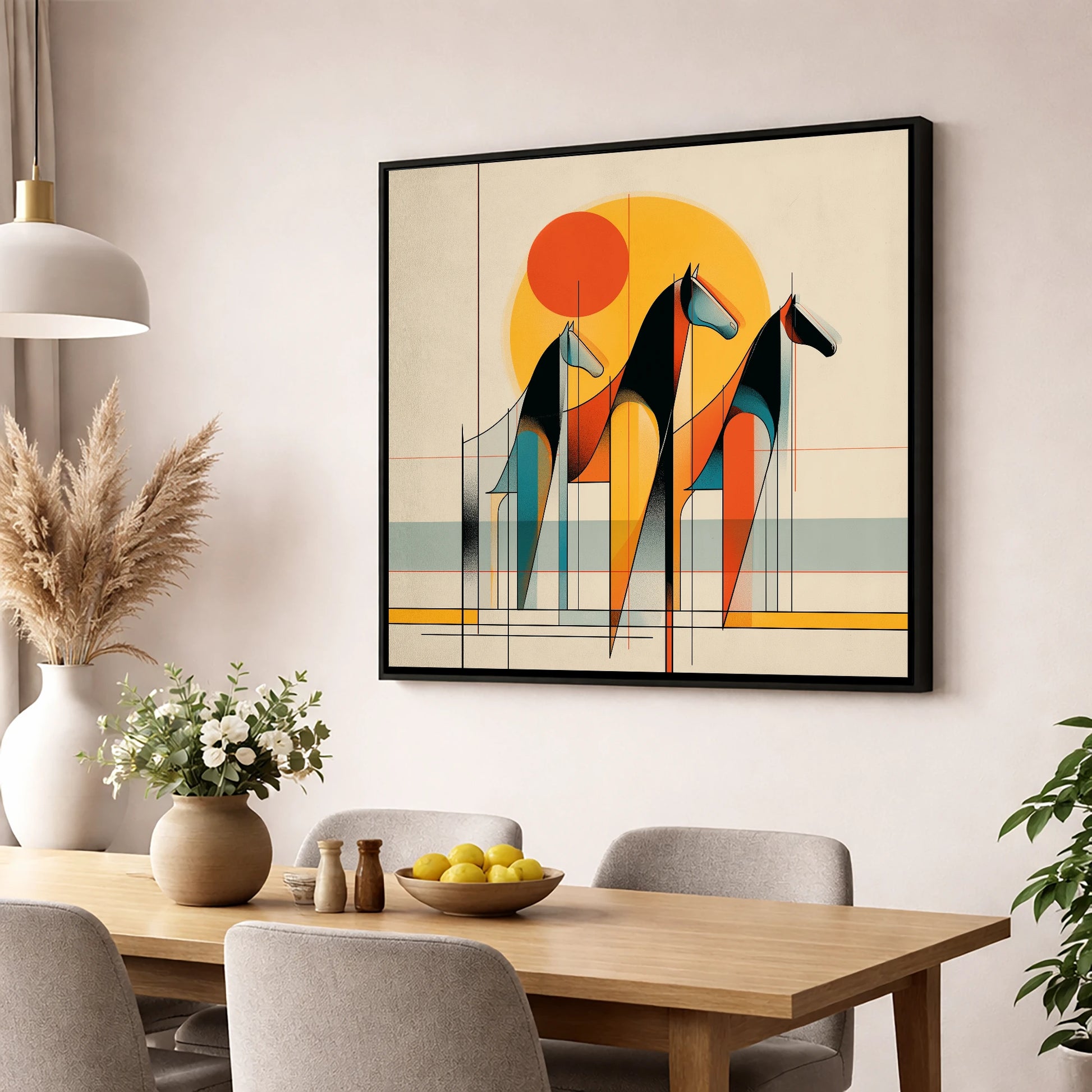 Rhythmic Horizon horse landscape wall art displayed in a dining room