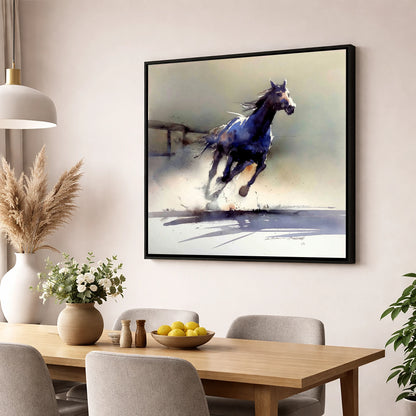 The Breakaway racing horse wall art displayed in a dining room