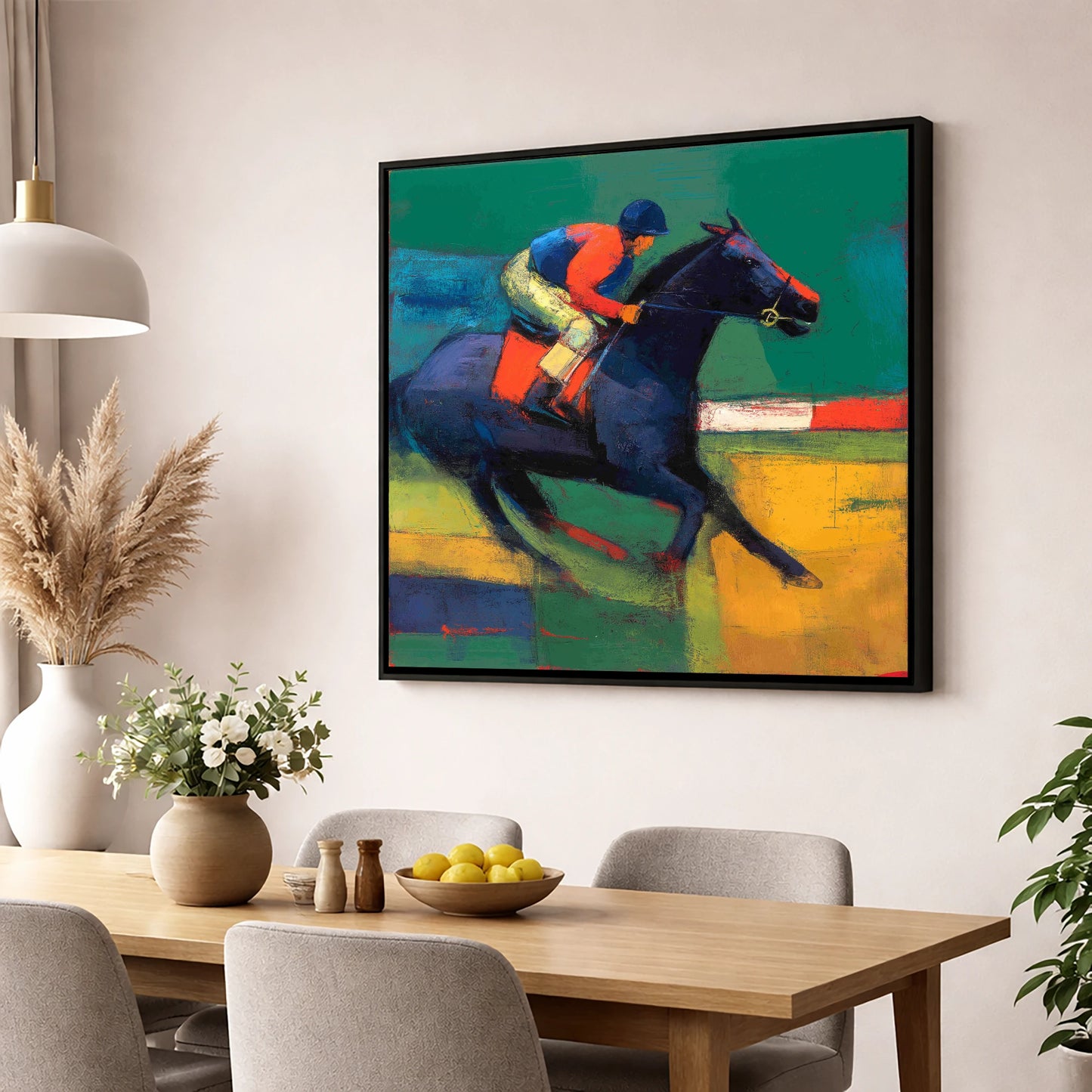 Thundering Colours racing horse wall art displayed in a dining room