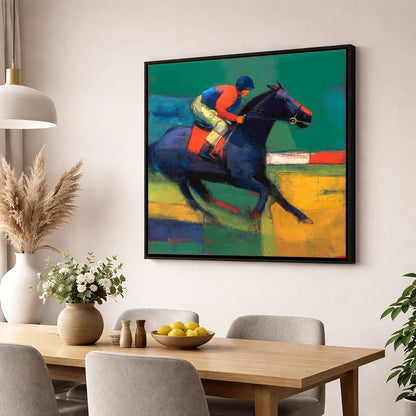 Thundering Colours racing horse wall art displayed in a dining room