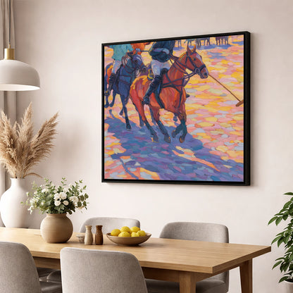 Sunset Chukka Shadows polo horse wall art displayed in a dining room