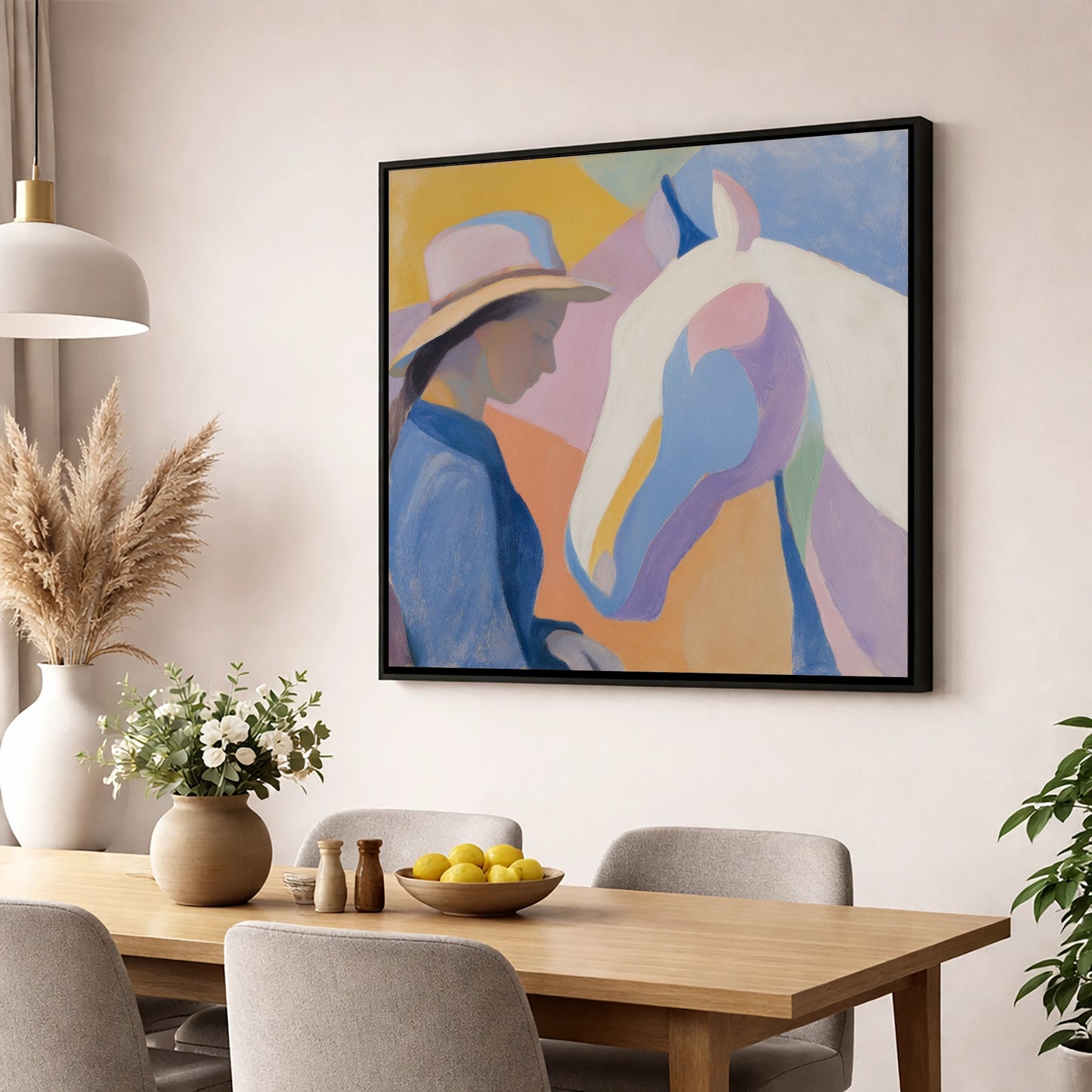 Quiet Harmony horse & rider wall art displayed in a dining room