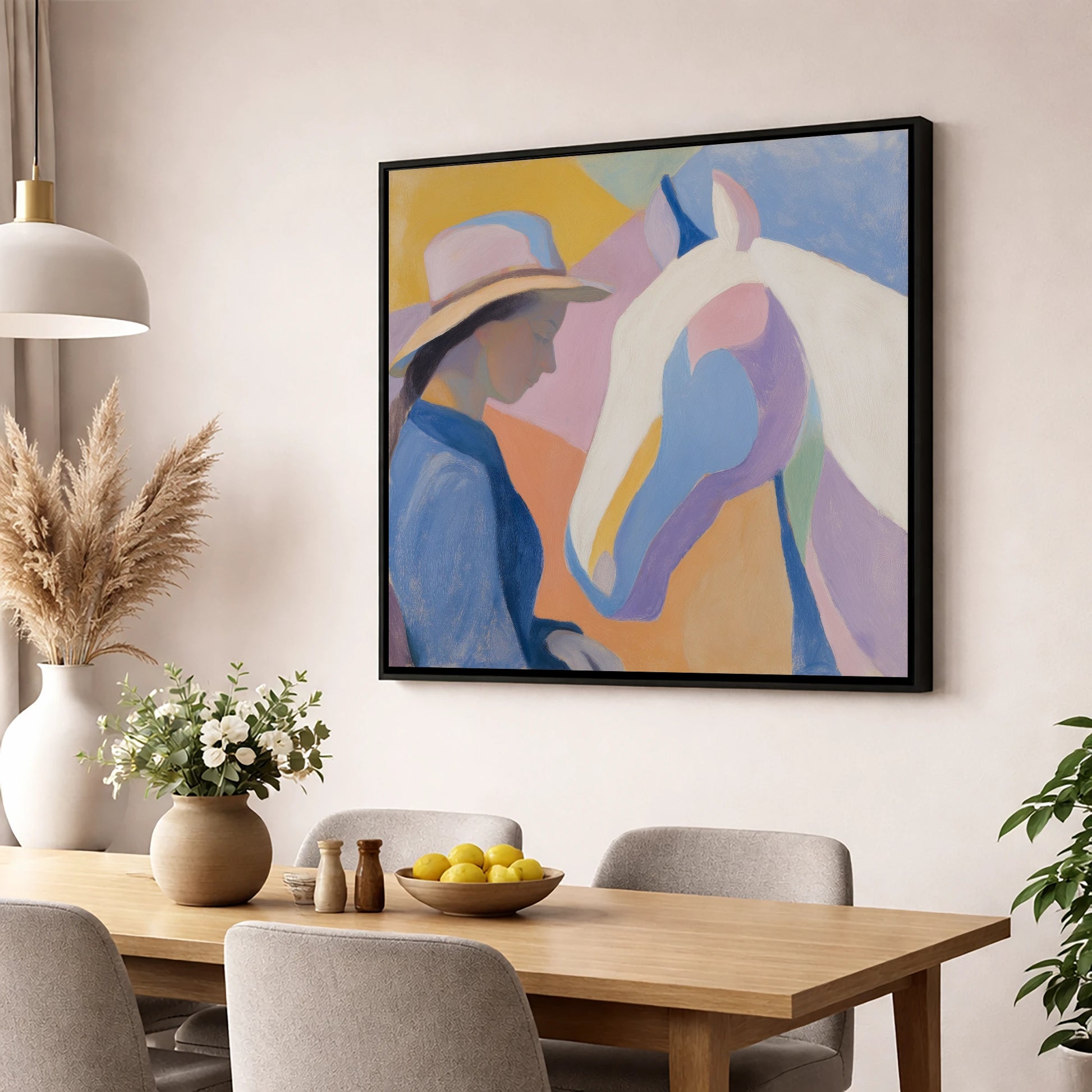 Quiet Harmony horse & rider wall art displayed in a dining room