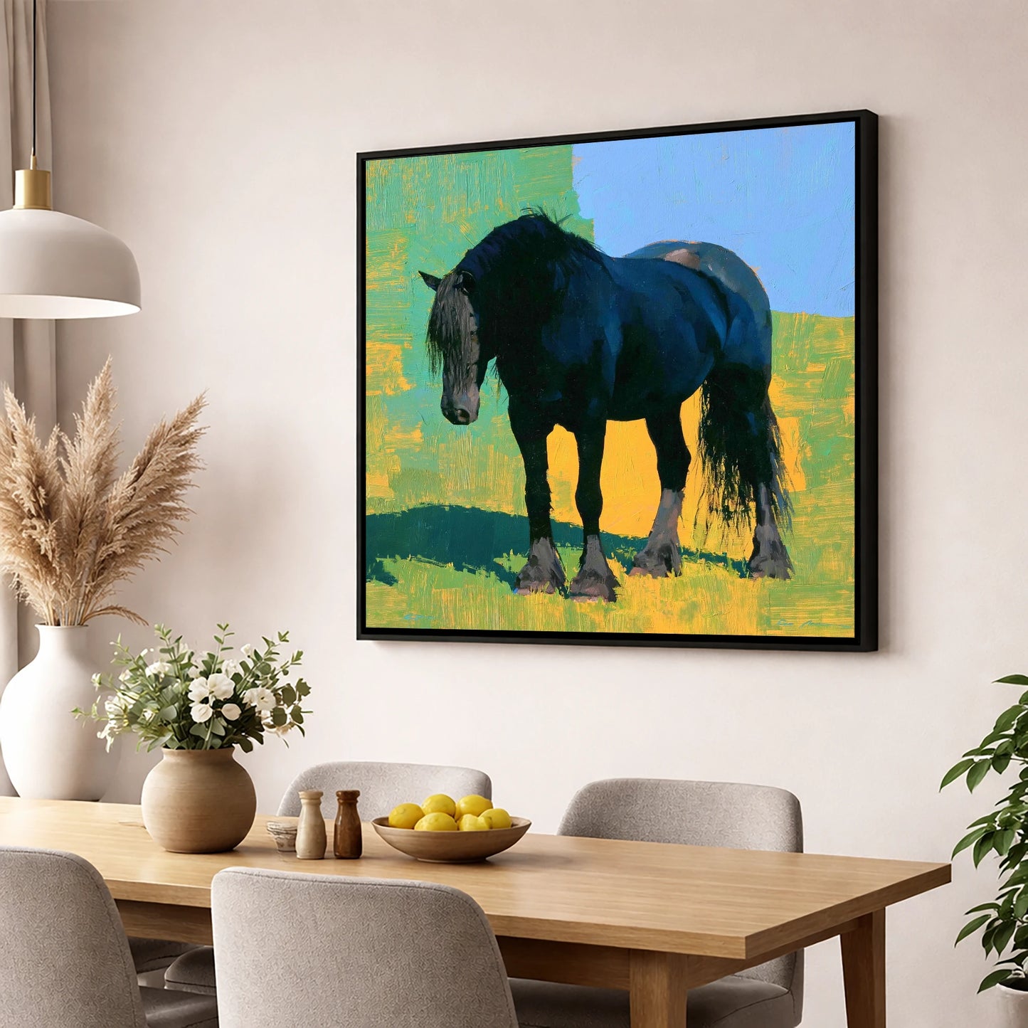 Black Horse Against Vibrant Yellow horse breed wall art displayed in a dining room