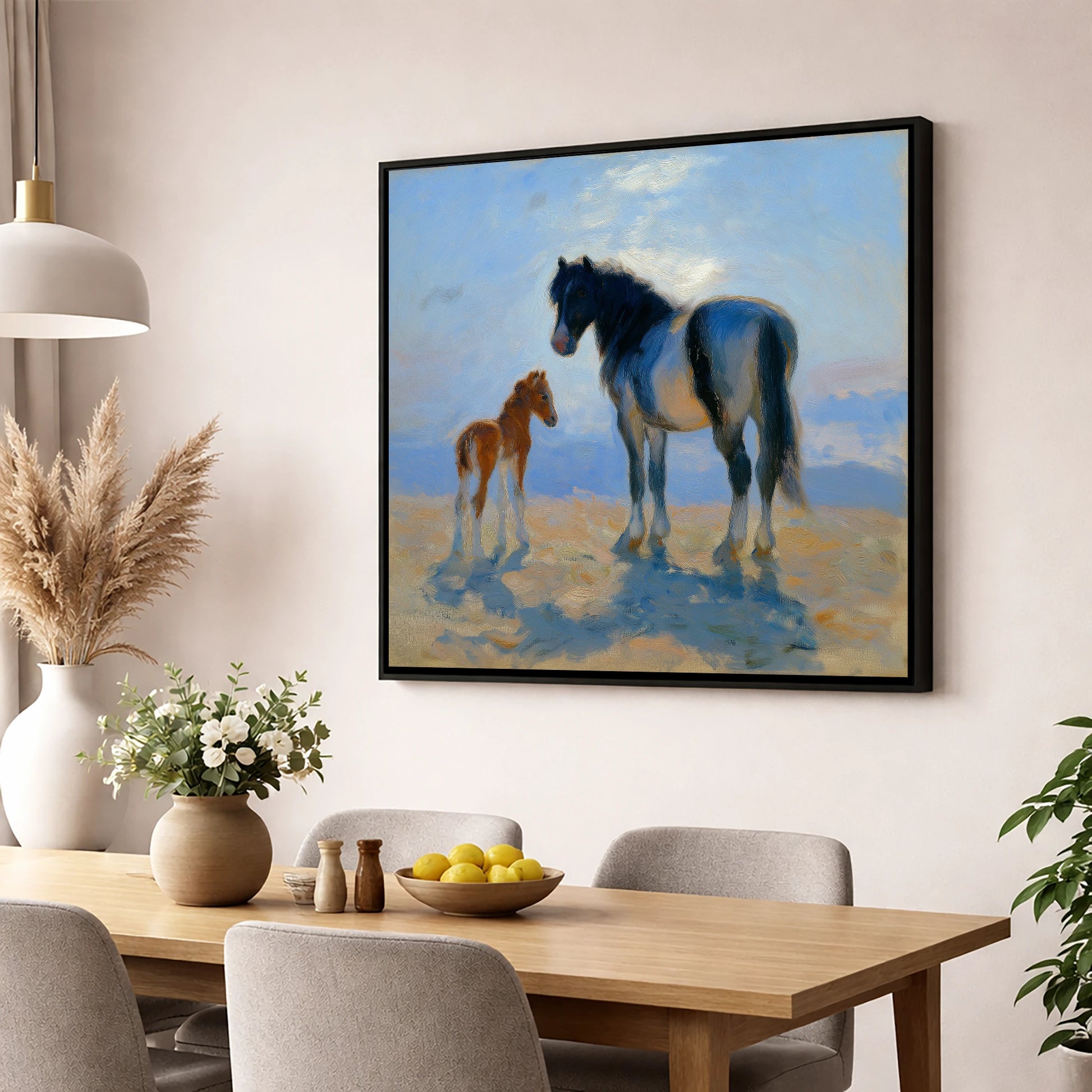 Cerulean Morning Light mare & foal wall art displayed in a dining room