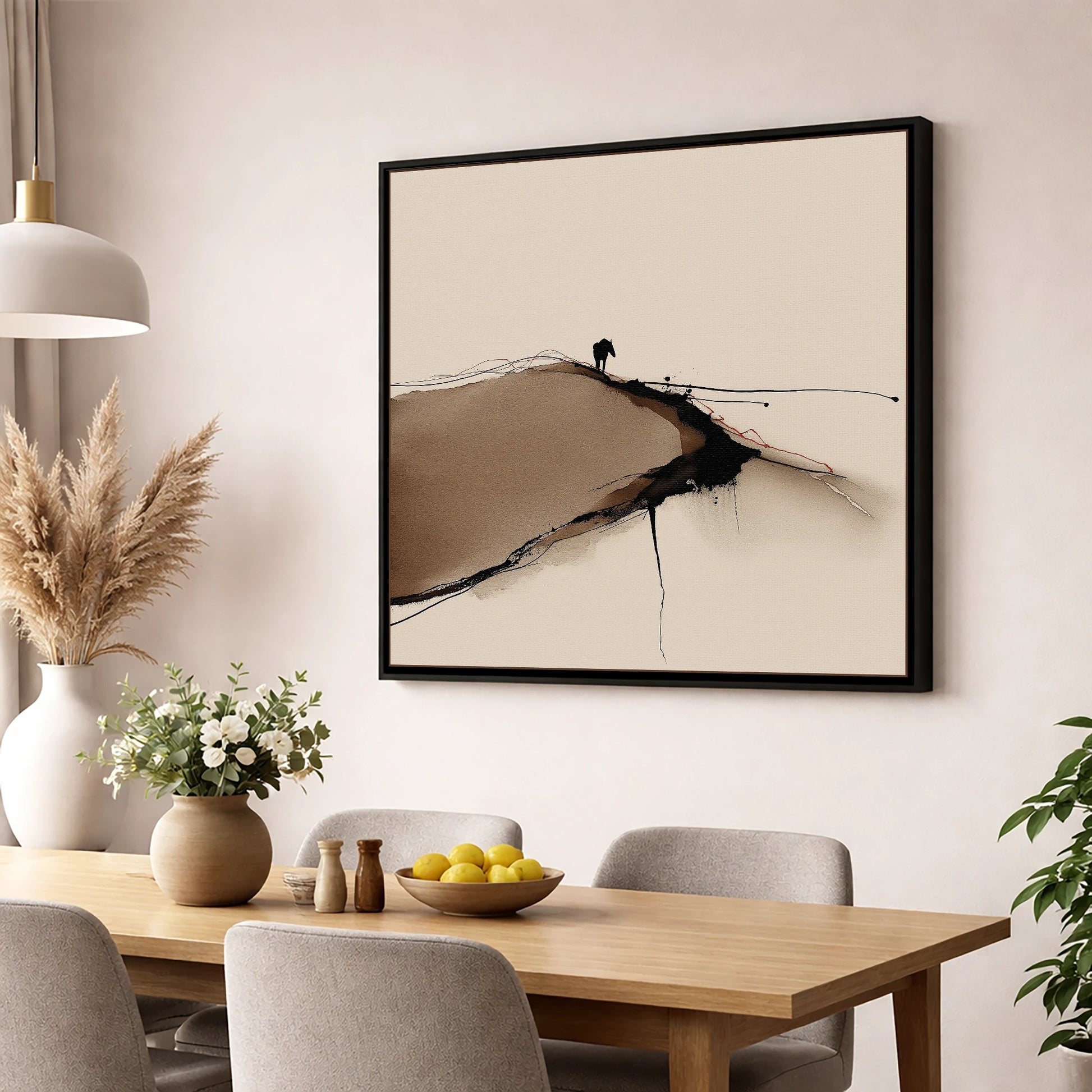 High Ground Silhouette horse landscape wall art displayed in a dining room