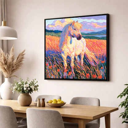 Palomino Pony In Vibrant Meadow horse breed wall art displayed in a dining room
