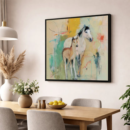 Gentle Guardianship mare & foal wall art displayed in a dining room