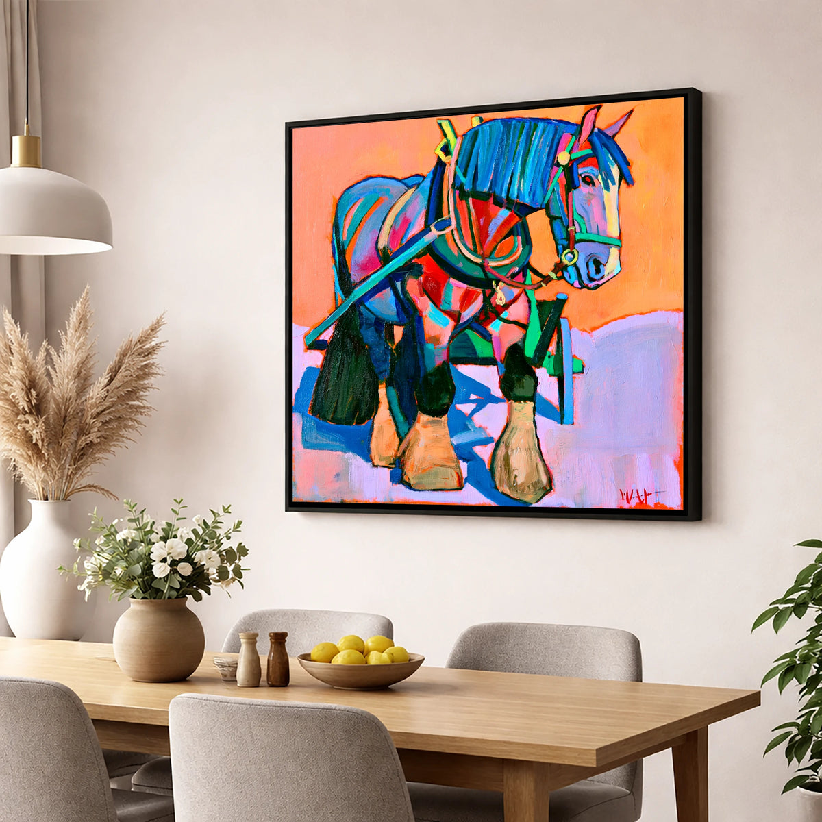 Vibrant Blue Heavy Horse horse breed wall art displayed in a dining room