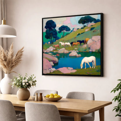 The Pastel Pasture horse landscape wall art displayed in a dining room