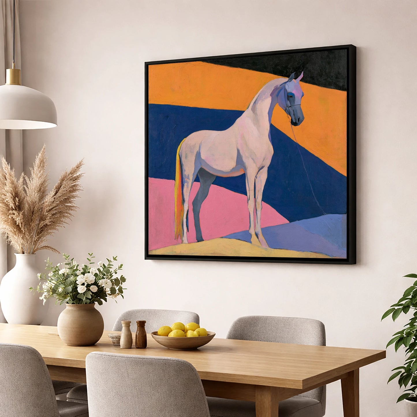 Grey Arabian Against Geometric Colours horse breed wall art displayed in a dining room
