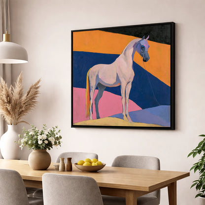 Grey Arabian Against Geometric Colours horse breed wall art displayed in a dining room