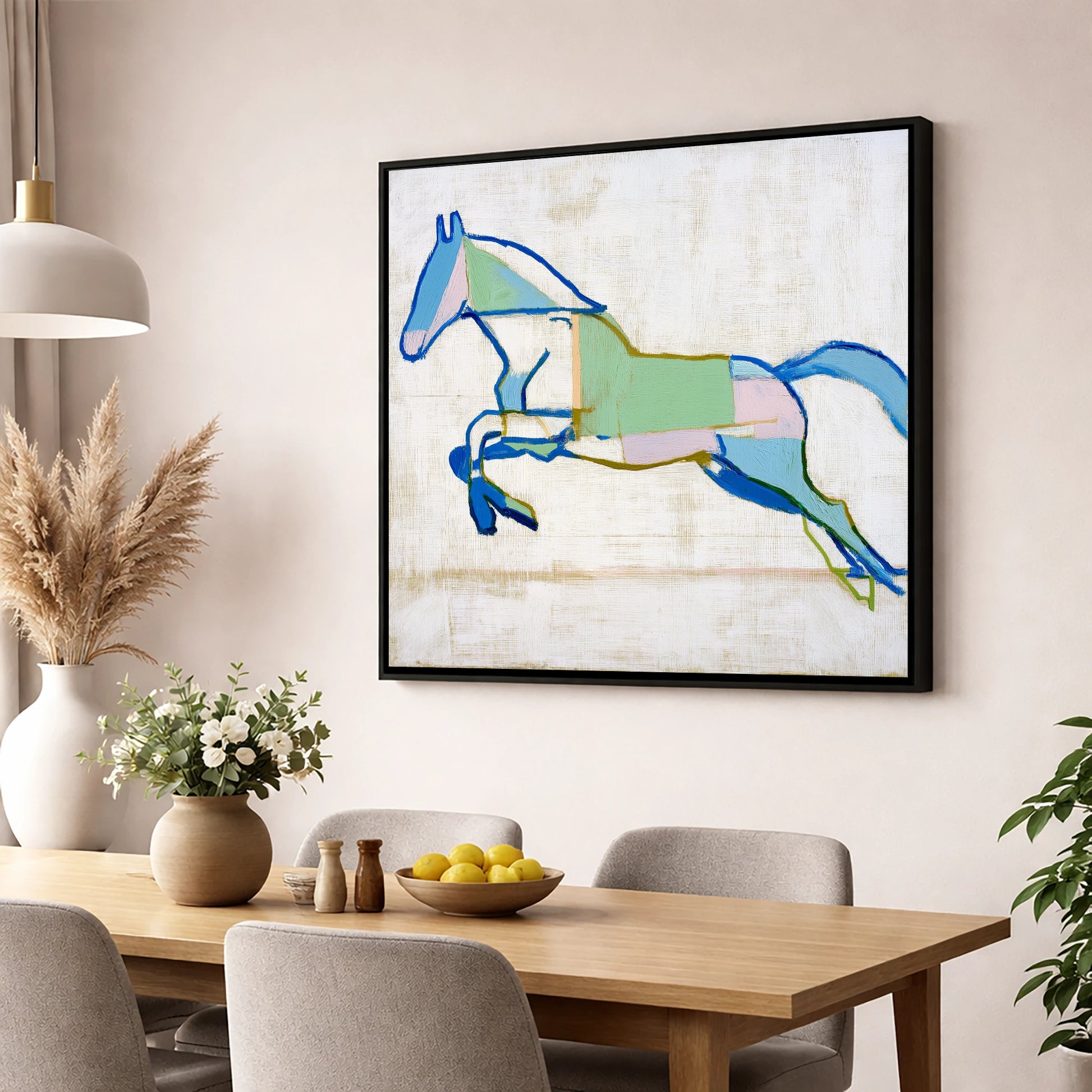 Geometric Azure Leap show jumping horse wall art displayed in a dining room