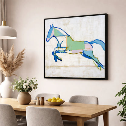 Geometric Azure Leap show jumping horse wall art displayed in a dining room