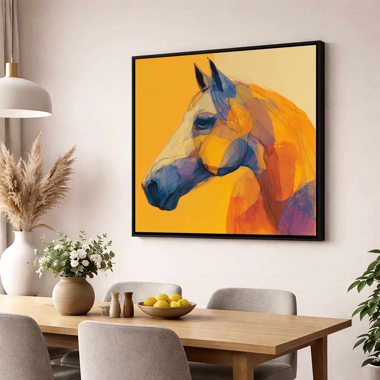 Vibrant Cobalt Contour horse portrait wall art displayed in a dining room