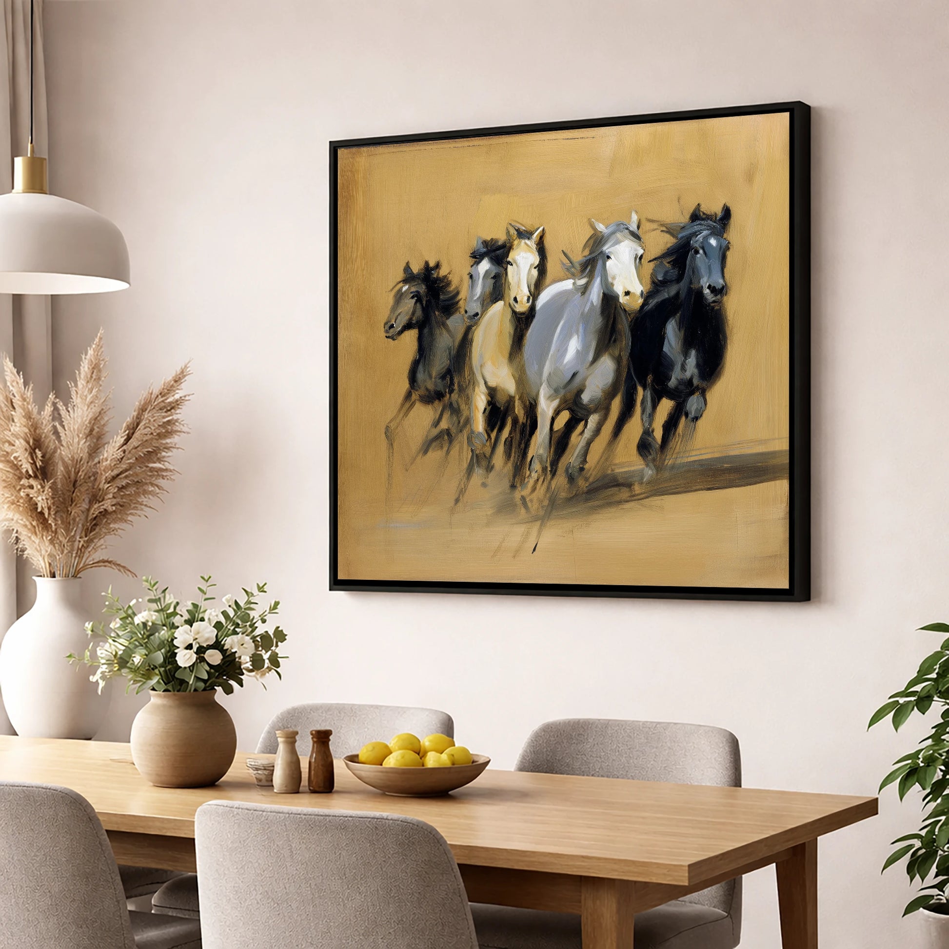 Thunder Through The Dust wild horses wall art displayed in a dining room