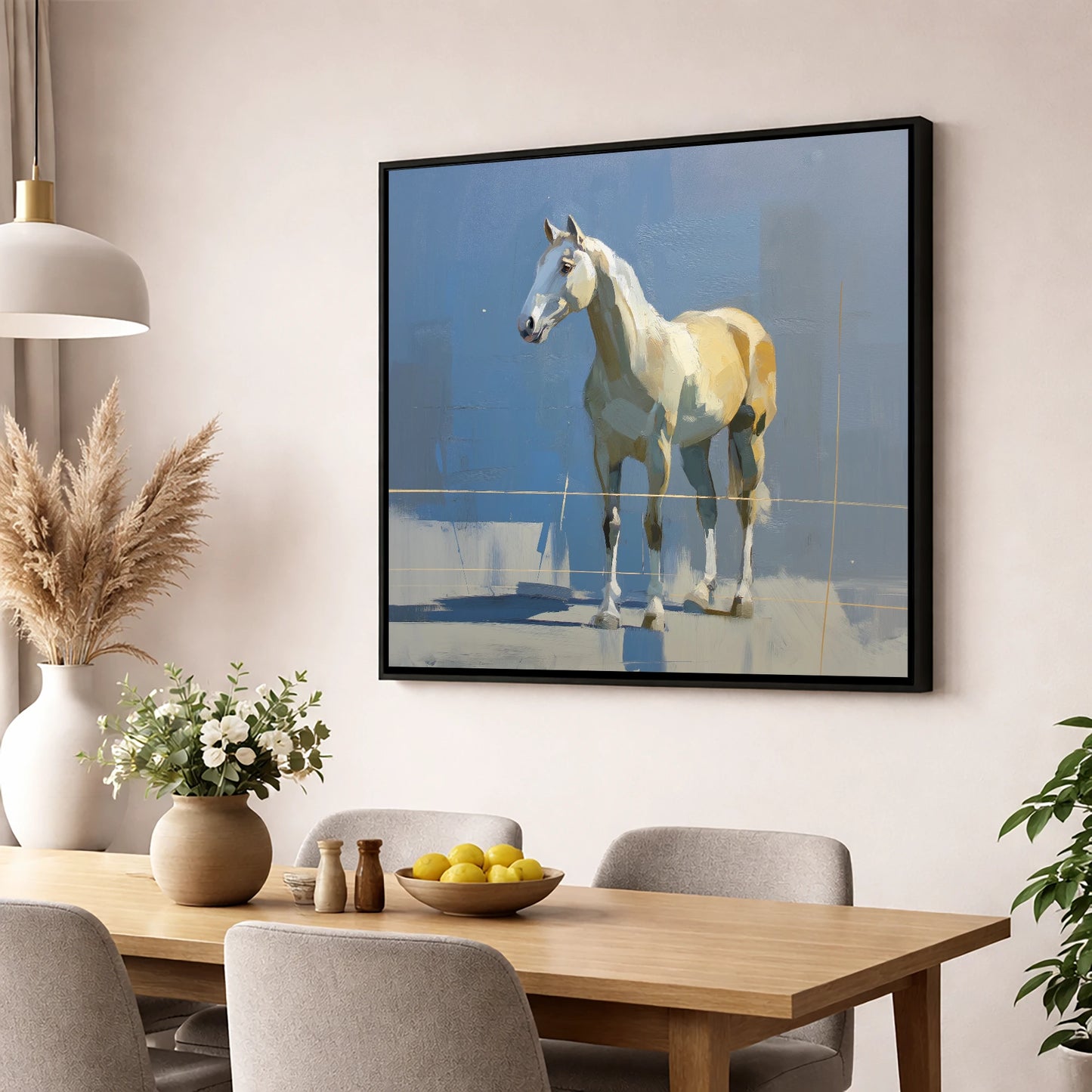 Sunlit Grey on Slate horse portrait wall art displayed in a dining room