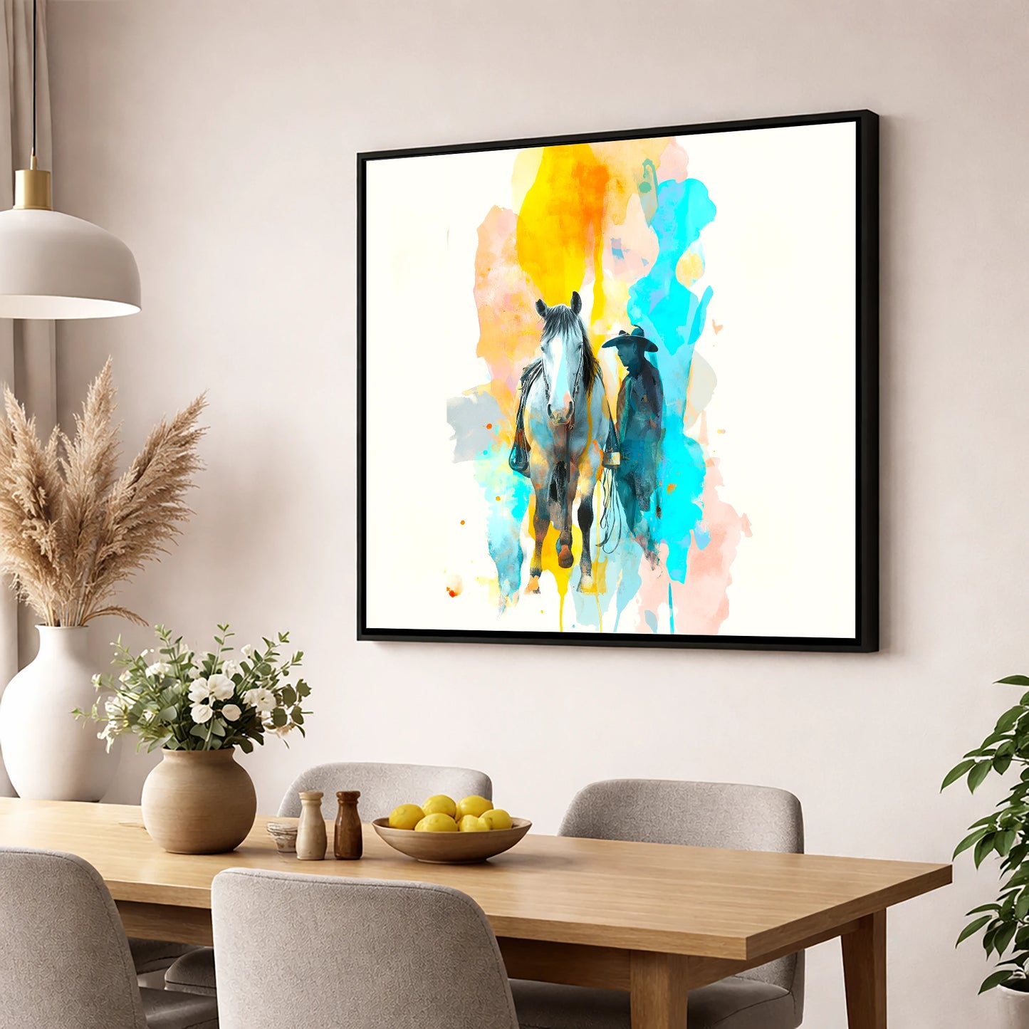 Vibrant Frontier Bond western horse wall art displayed in a dining room