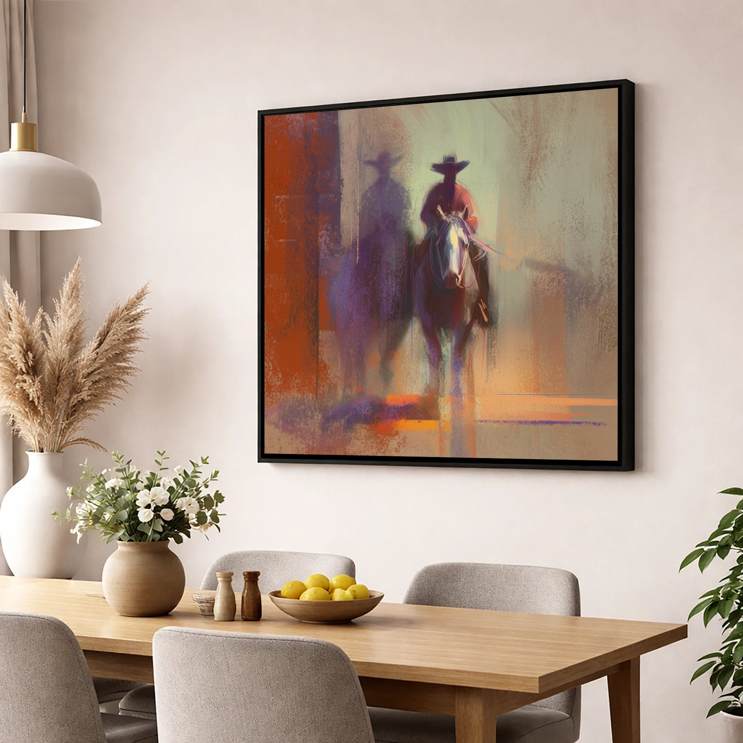 Rider in the Haze western horse wall art displayed in a dining room