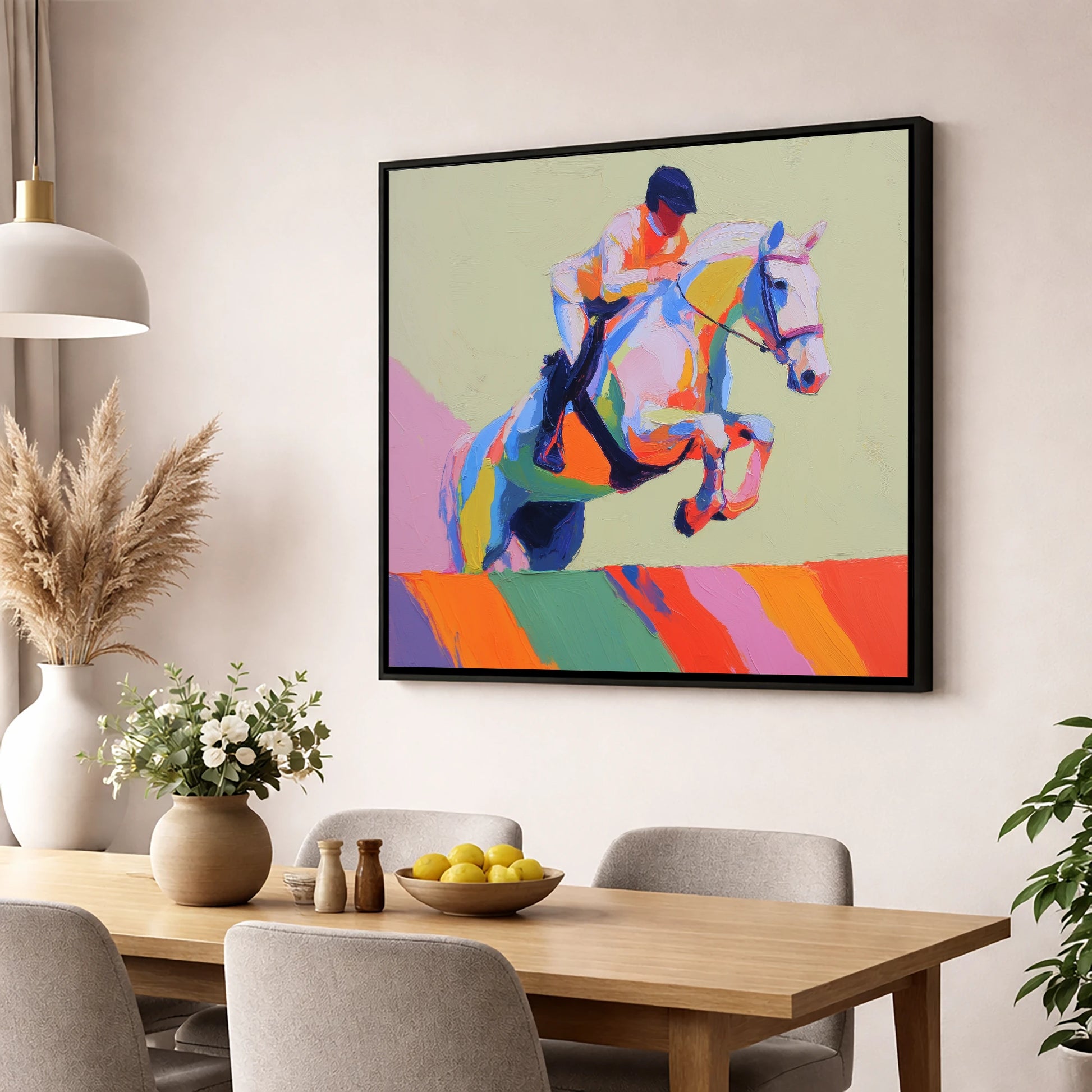 Technicolour Leap show jumping horse wall art displayed in a dining room