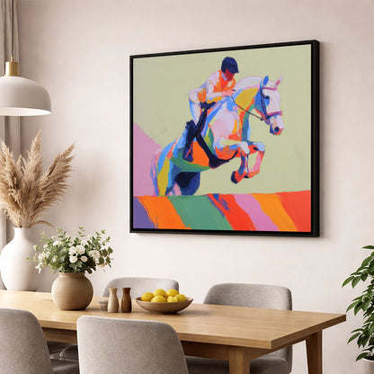 Technicolour Leap show jumping horse wall art displayed in a dining room