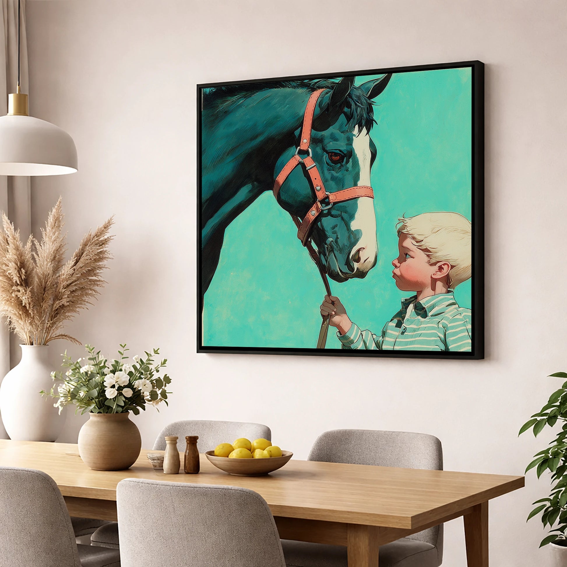 A Quiet Connection horse & rider wall art displayed in a dining room