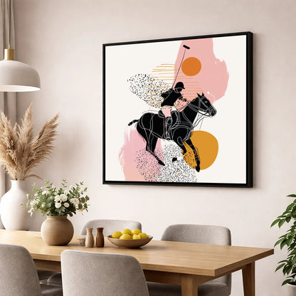 Modern Polo Strike polo horse wall art displayed in a dining room