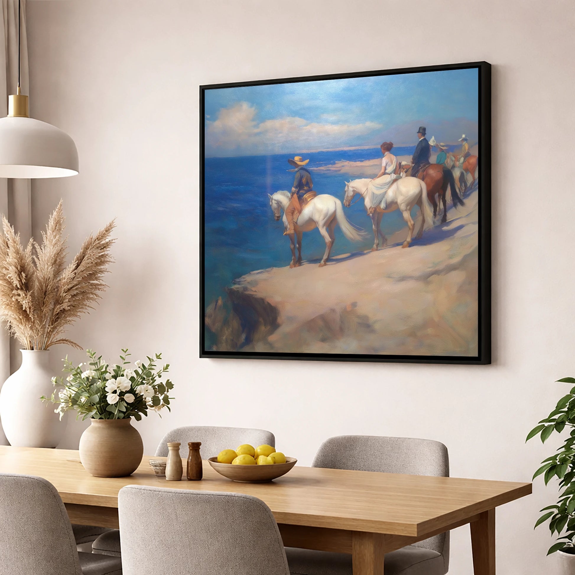 Coastal Riders Halt horse landscape wall art displayed in a dining room