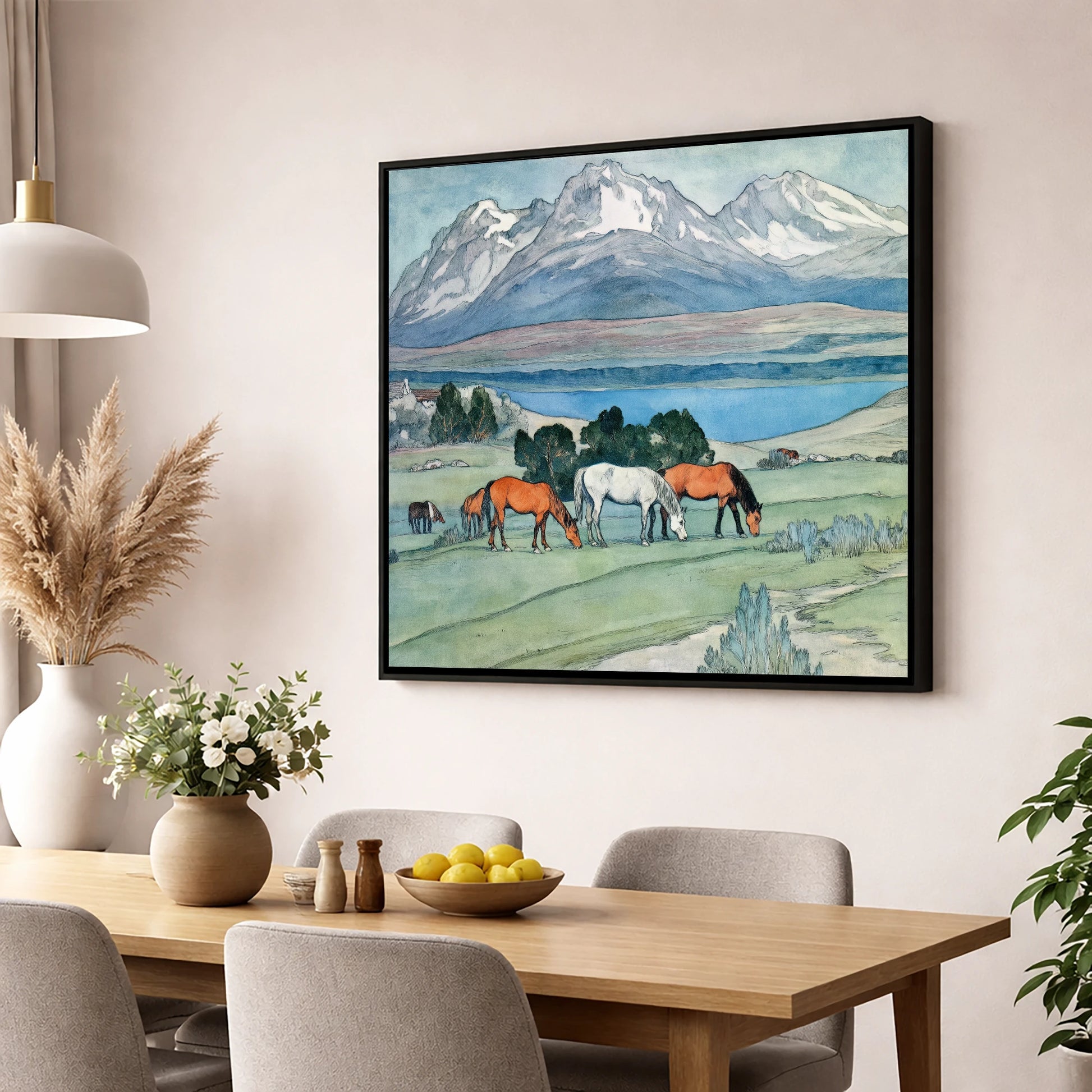 Alpine Lake Pastures horse landscape wall art displayed in a dining room