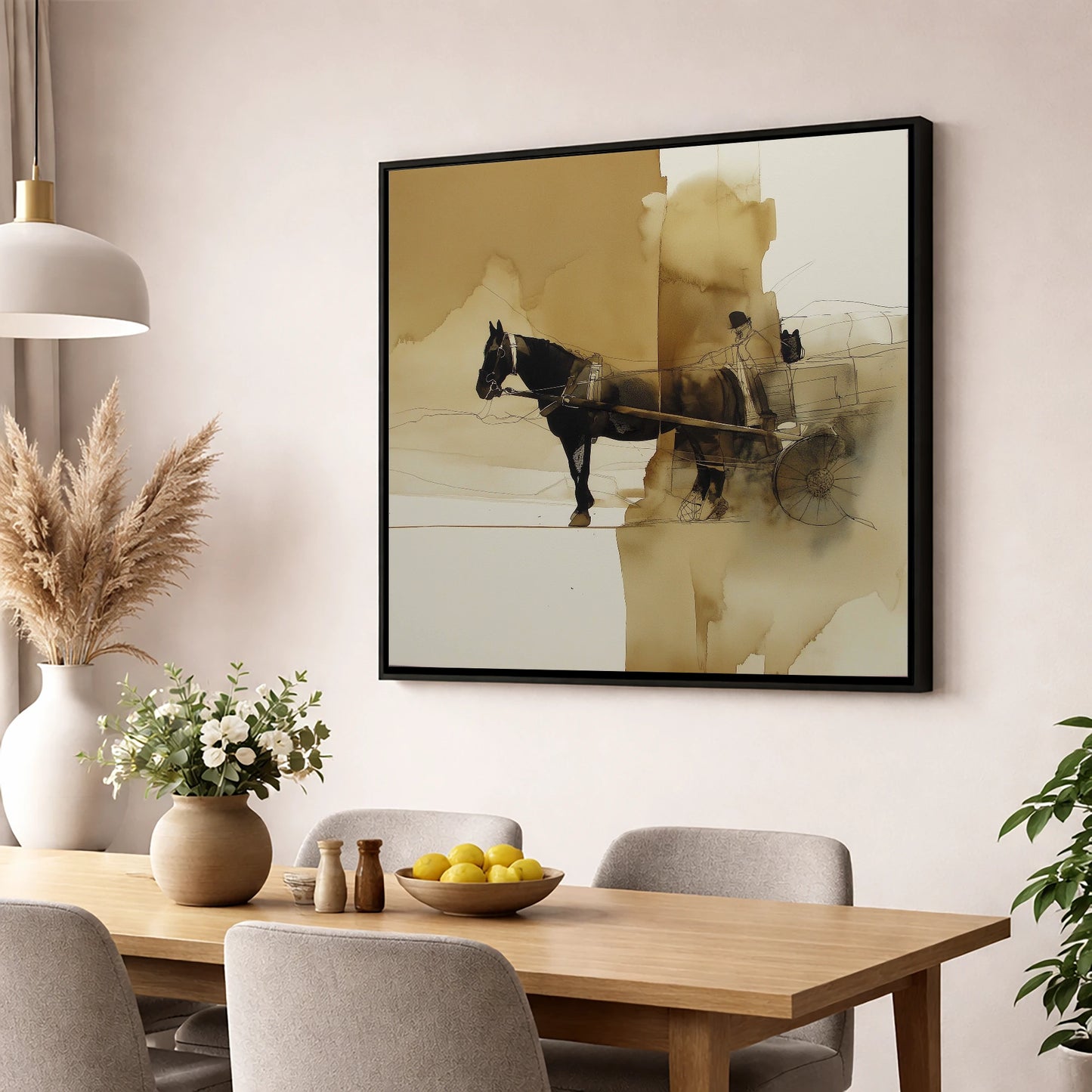 The Sepia Draught working horse wall art displayed in a dining room