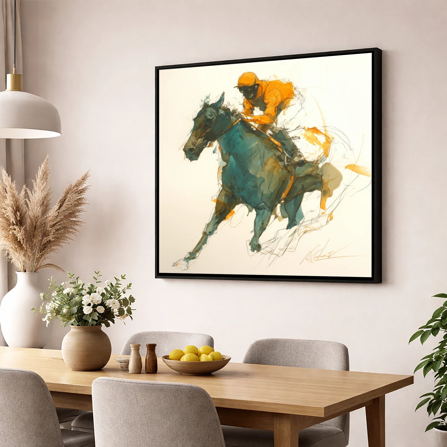 Amber Silks at Speed racing horse wall art displayed in a dining room