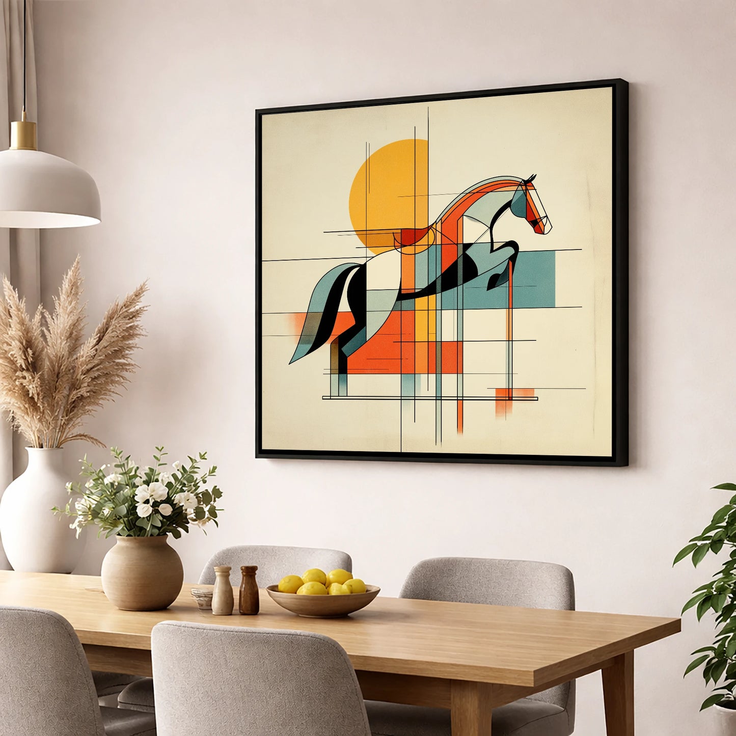 Structured Flight show jumping horse wall art displayed in a dining room