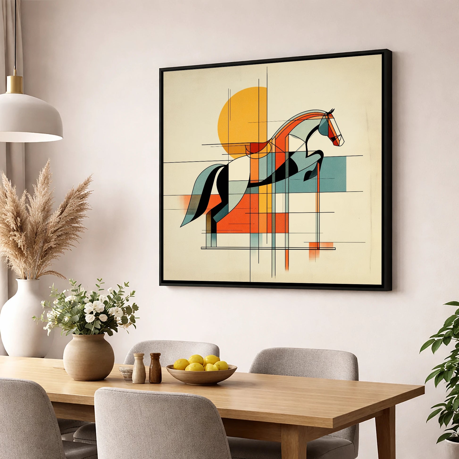 Structured Flight show jumping horse wall art displayed in a dining room