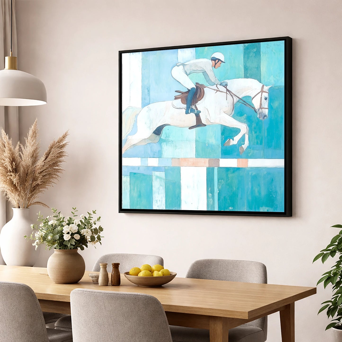 Aquamarine Ascent show jumping horse wall art displayed in a dining room