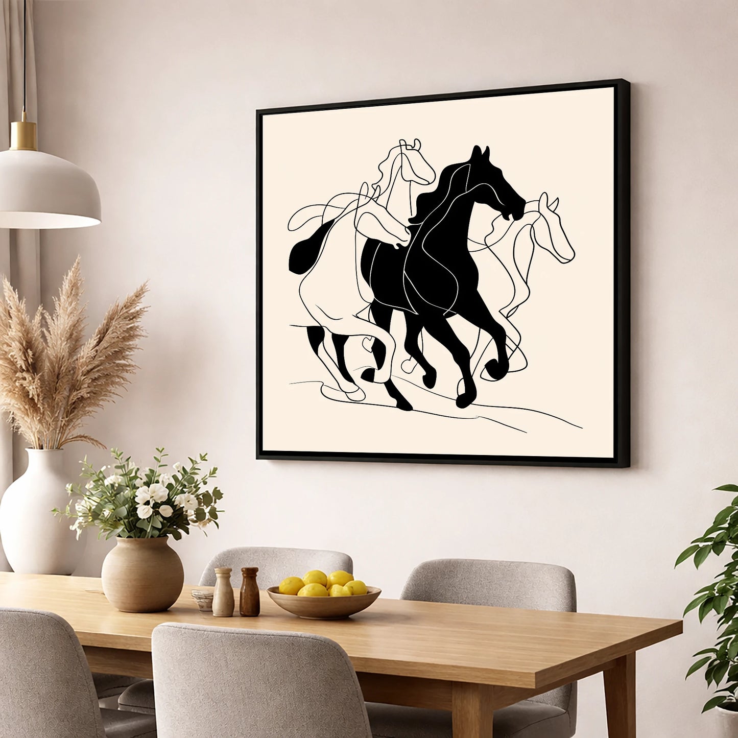 Synchronised Strides wild horses wall art displayed in a dining room