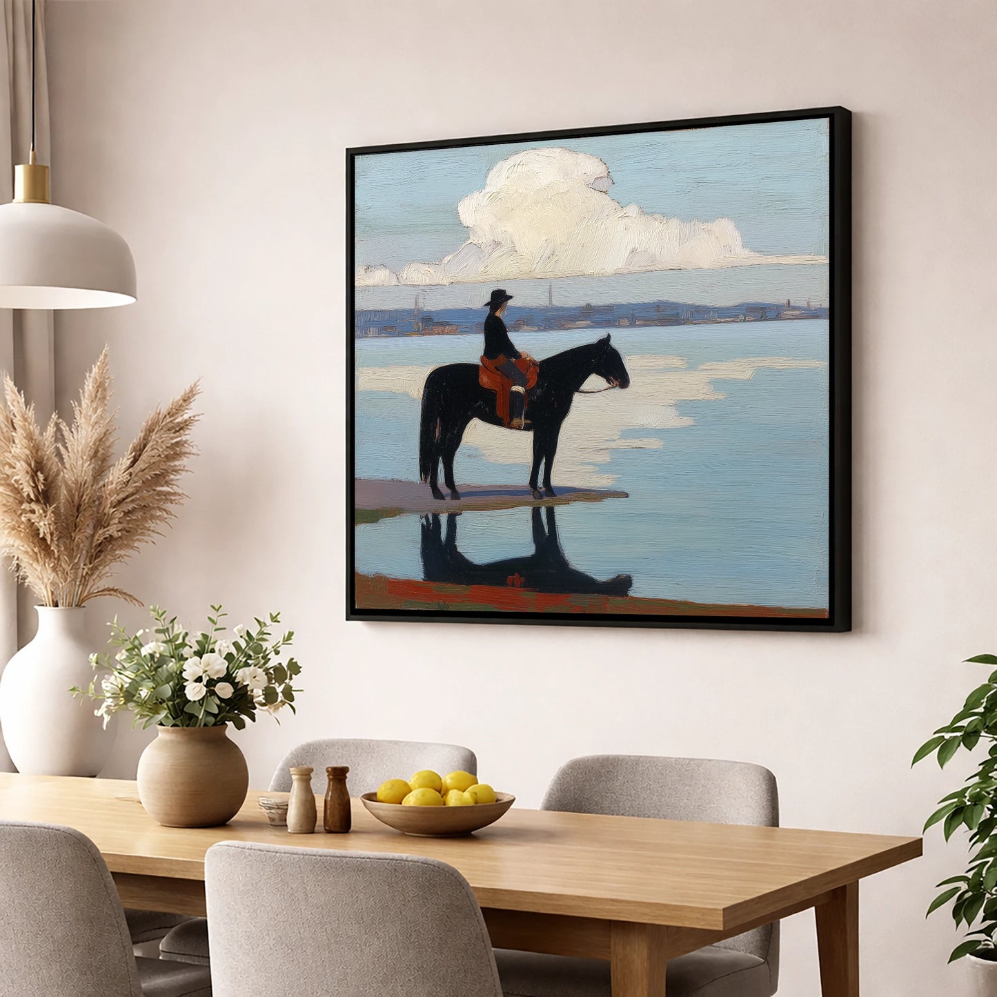 Solitude at the Shore beach horse wall art displayed in a dining room