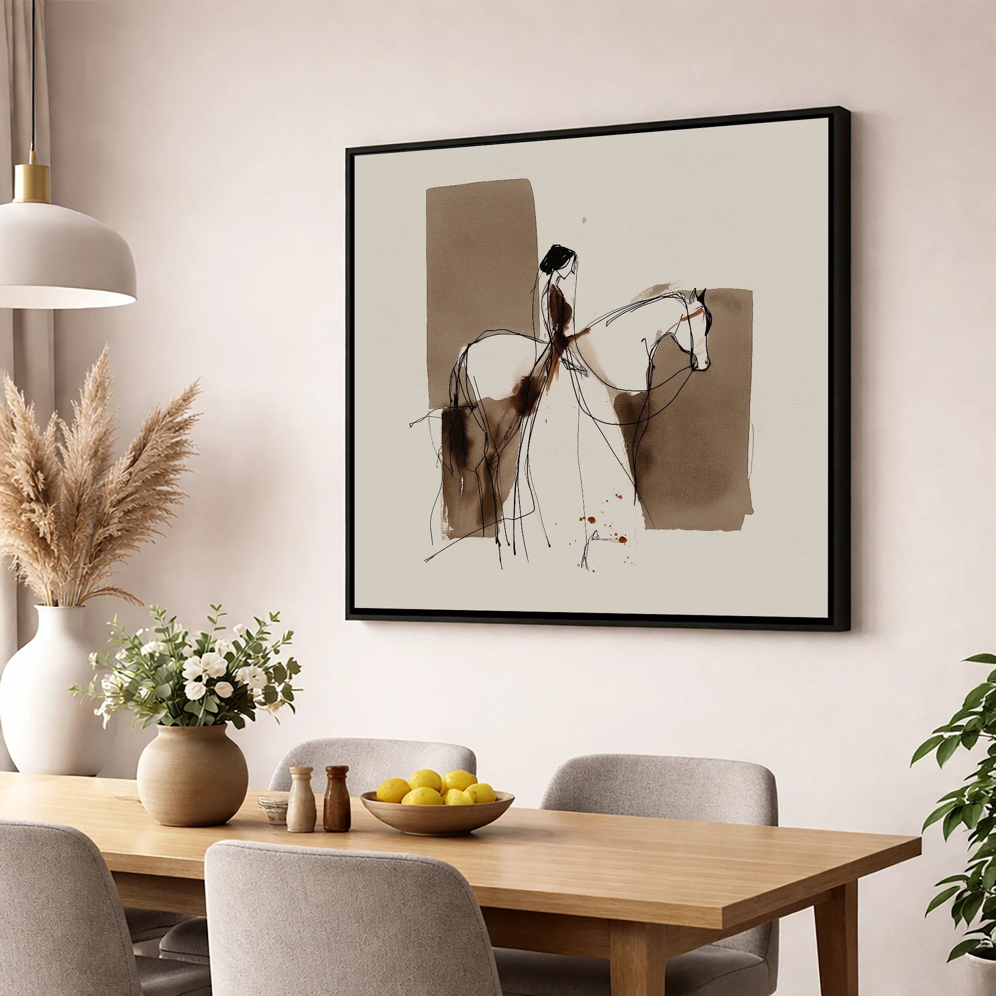 Fluid Connection horse & rider wall art displayed in a dining room