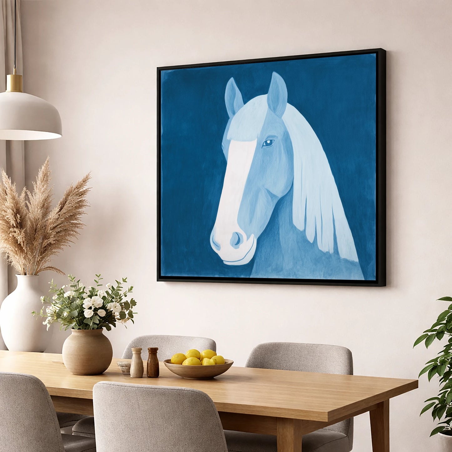The Blue Blaze horse breed wall art displayed in a dining room