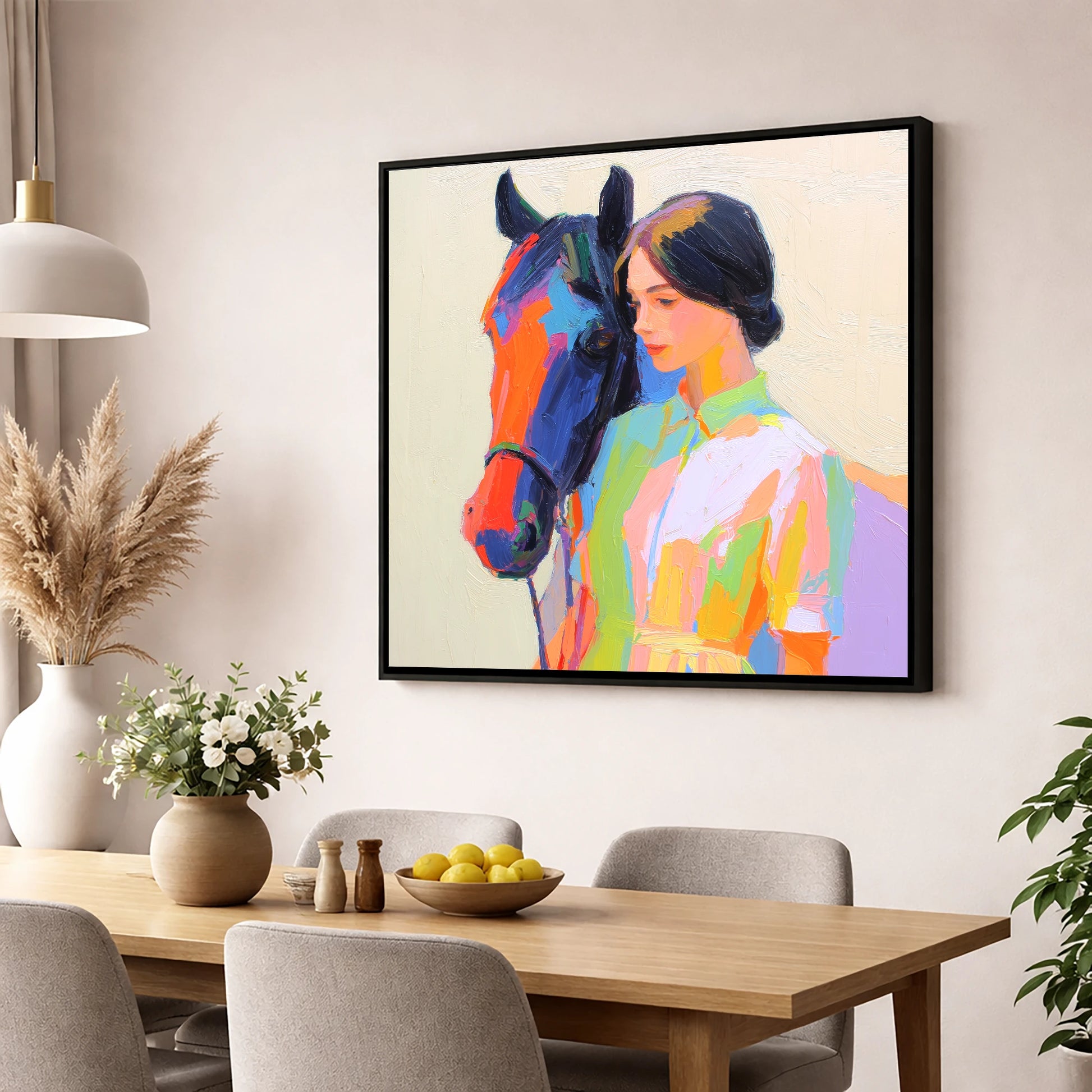 Radiant Companionship horse & rider wall art displayed in a dining room