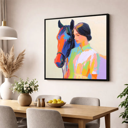 Radiant Companionship horse & rider wall art displayed in a dining room