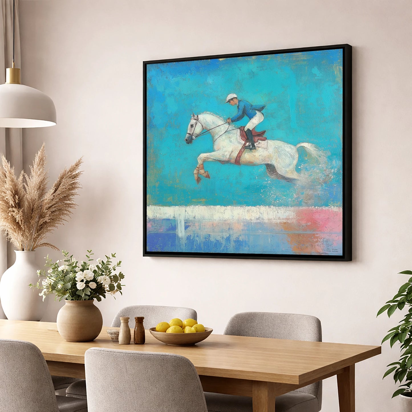 Flight in Turquoise show jumping horse wall art displayed in a dining room