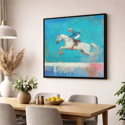 Flight in Turquoise show jumping horse wall art displayed in a dining room