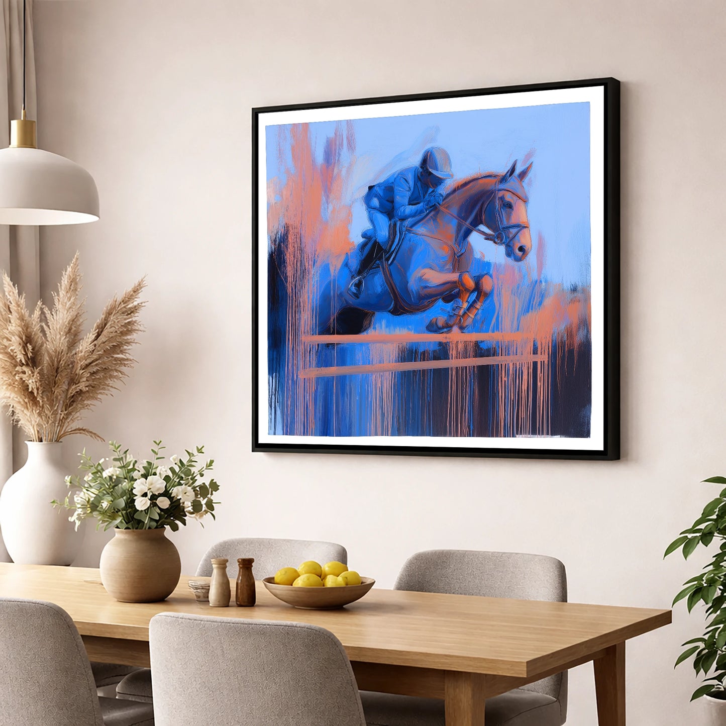 Momentum in Blue and Peach show jumping horse wall art displayed in a dining room