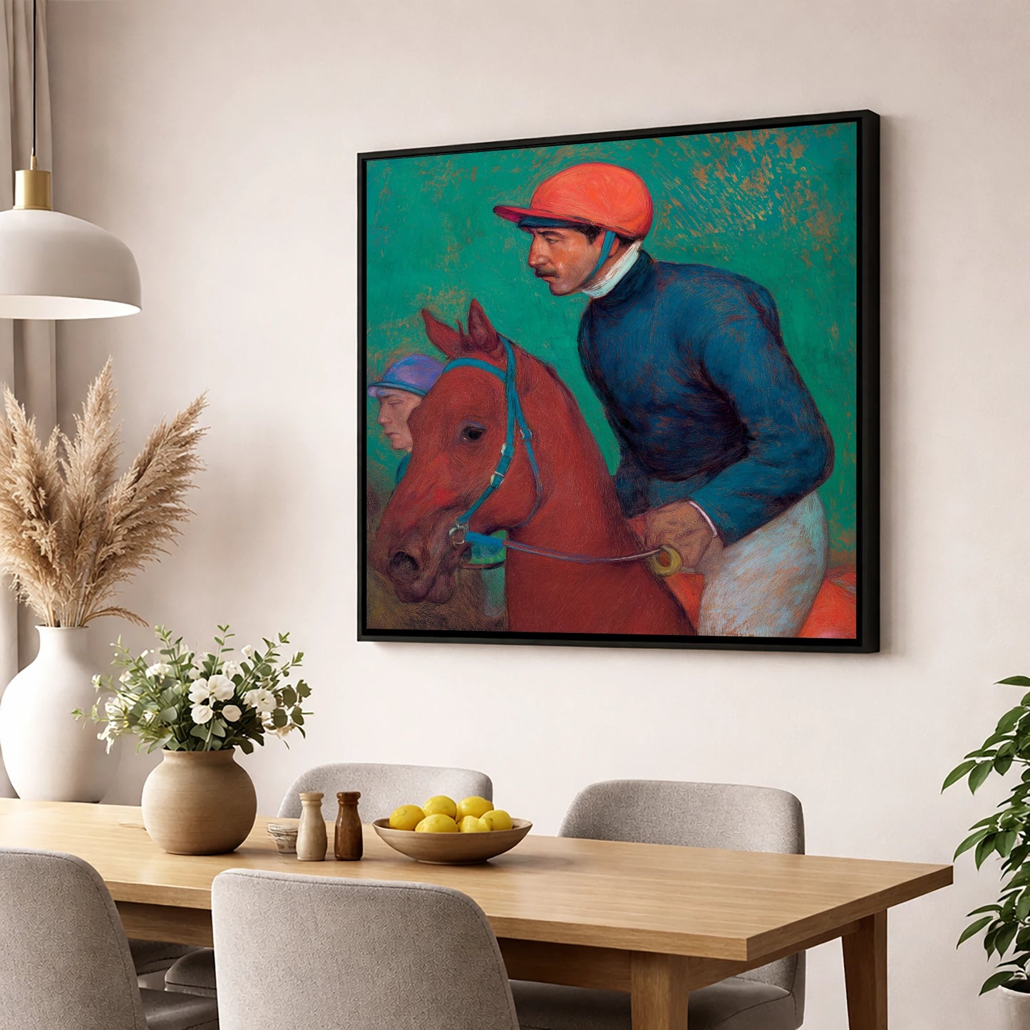 Turf Anticipation racing horse wall art displayed in a dining room