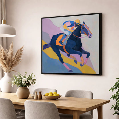 Vibrant Racing Stride racing horse wall art displayed in a dining room